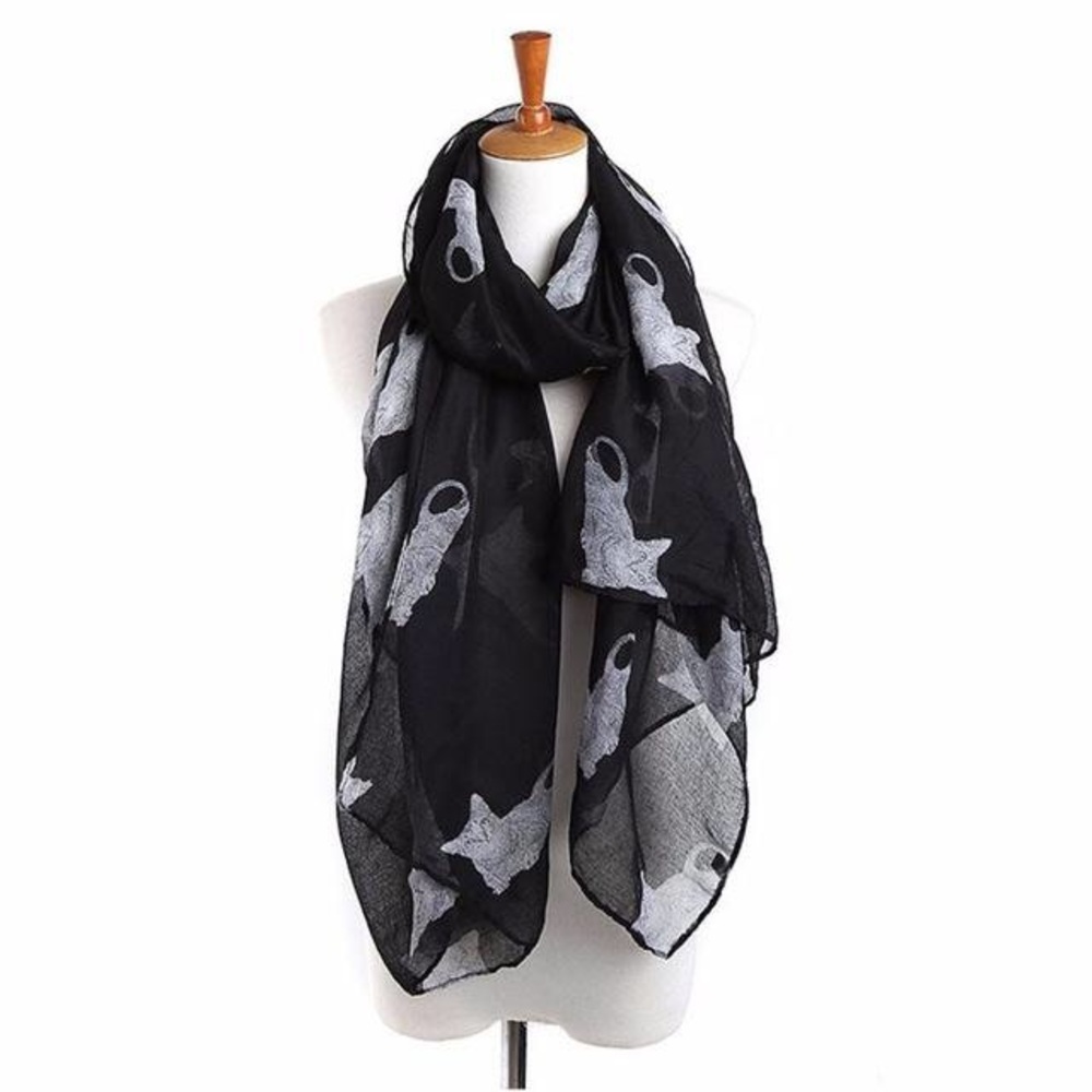 Black Cat Print Cotton Voile Scarf